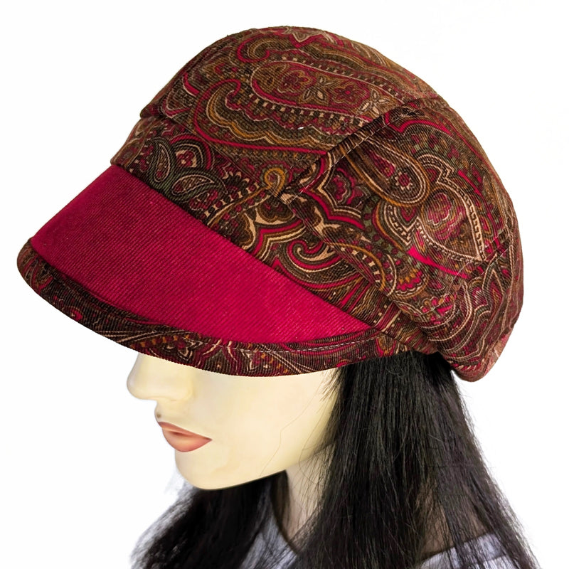 Baggy Poorboy Fashion Cap in  cord, red, sage, brown paisley, with wide flattering visor, one size fit
