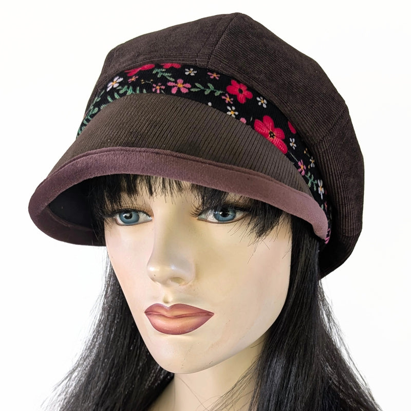 Baggy Poorboy Fashion Cap in chocolate cord, floral and velvet trim with wide flattering visor, one size fit