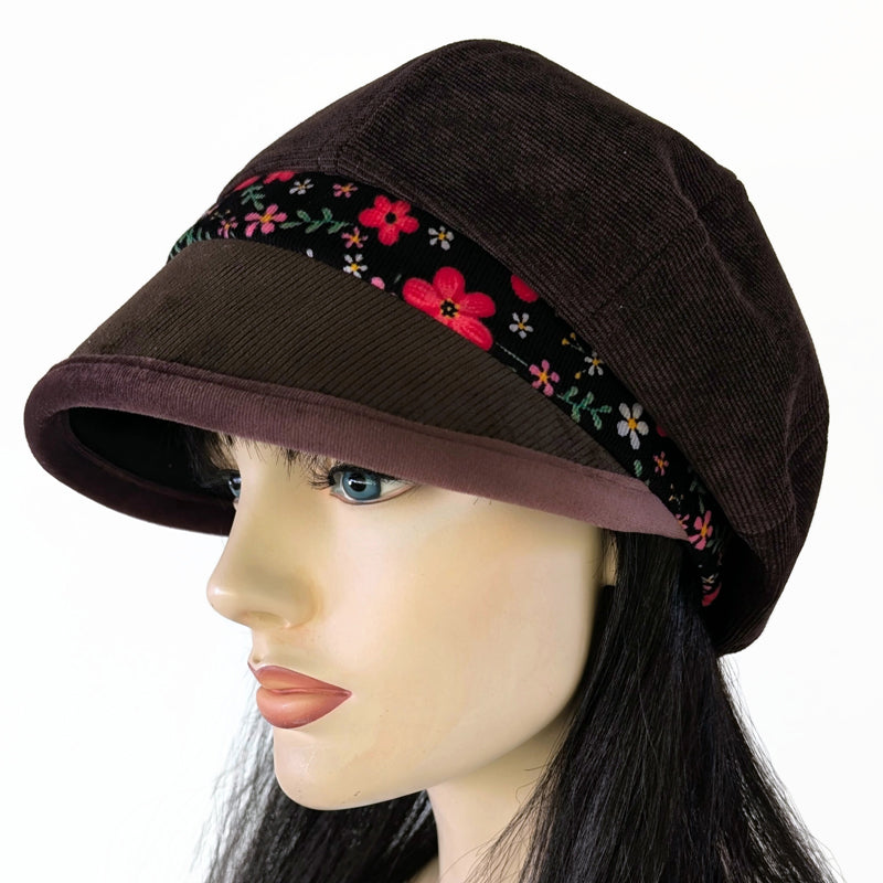 Baggy Poorboy Fashion Cap in chocolate cord, floral and velvet trim with wide flattering visor, one size fit