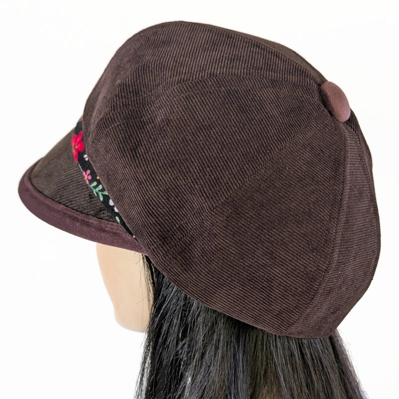 Baggy Poorboy Fashion Cap in chocolate cord, floral and velvet trim with wide flattering visor, one size fit