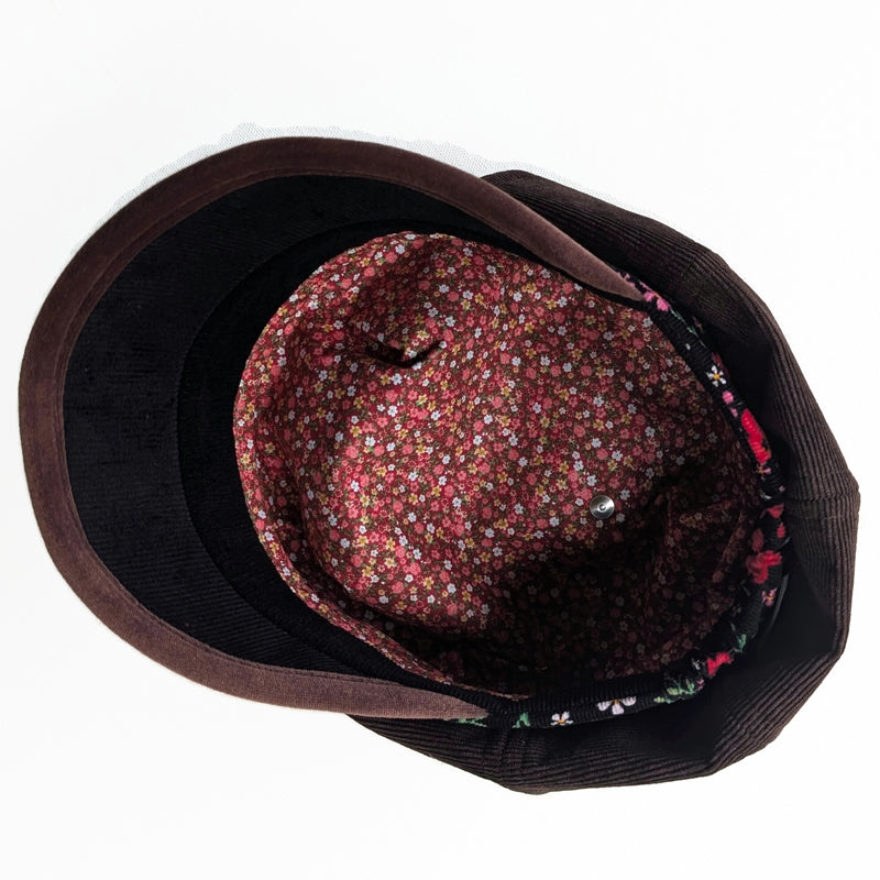 Baggy Poorboy Fashion Cap in chocolate cord, floral and velvet trim with wide flattering visor, one size fit