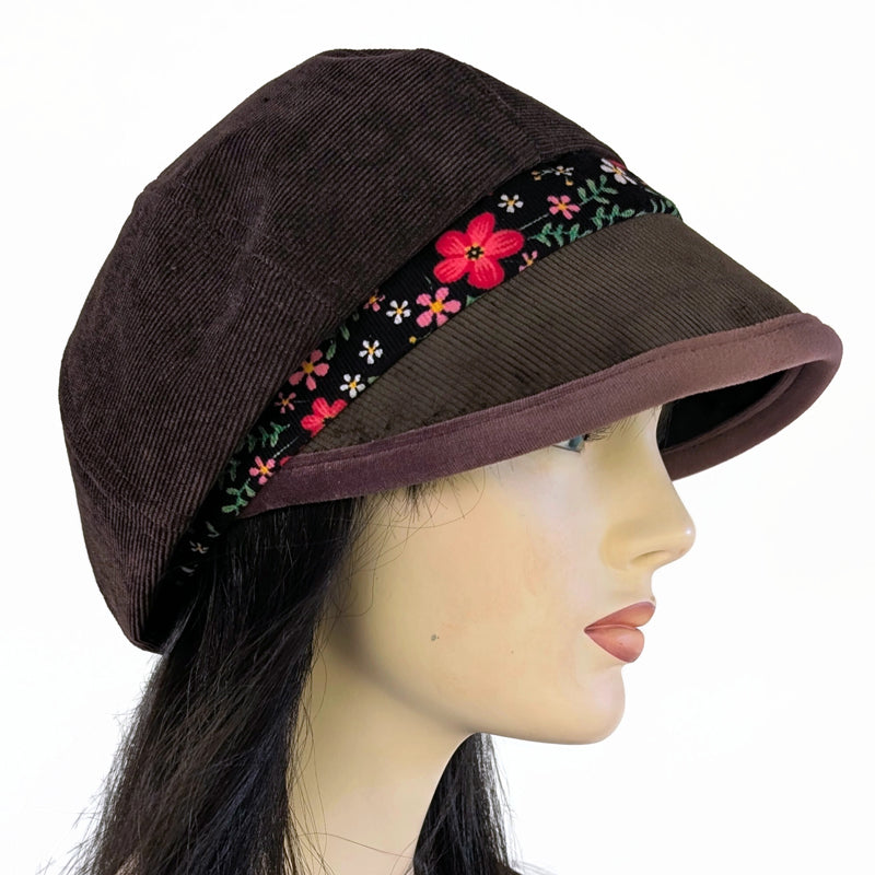 Baggy Poorboy Fashion Cap in chocolate cord, floral and velvet trim with wide flattering visor, one size fit