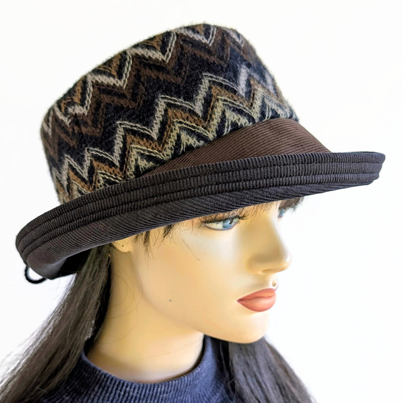 Cord Fashion hat with in black and browns, woolen zig zag band, with large bucket brim and adjustable fit