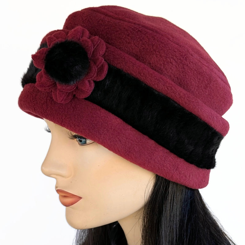 Fleece Fashion Toque with adjustable cuff and faux fur trim, with floral pin trim, asst'd colors