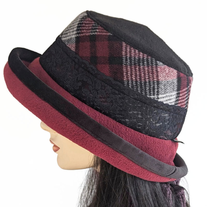 Premium Winter Fashion Hat with velvet trim, burgundy with black plaid band trim