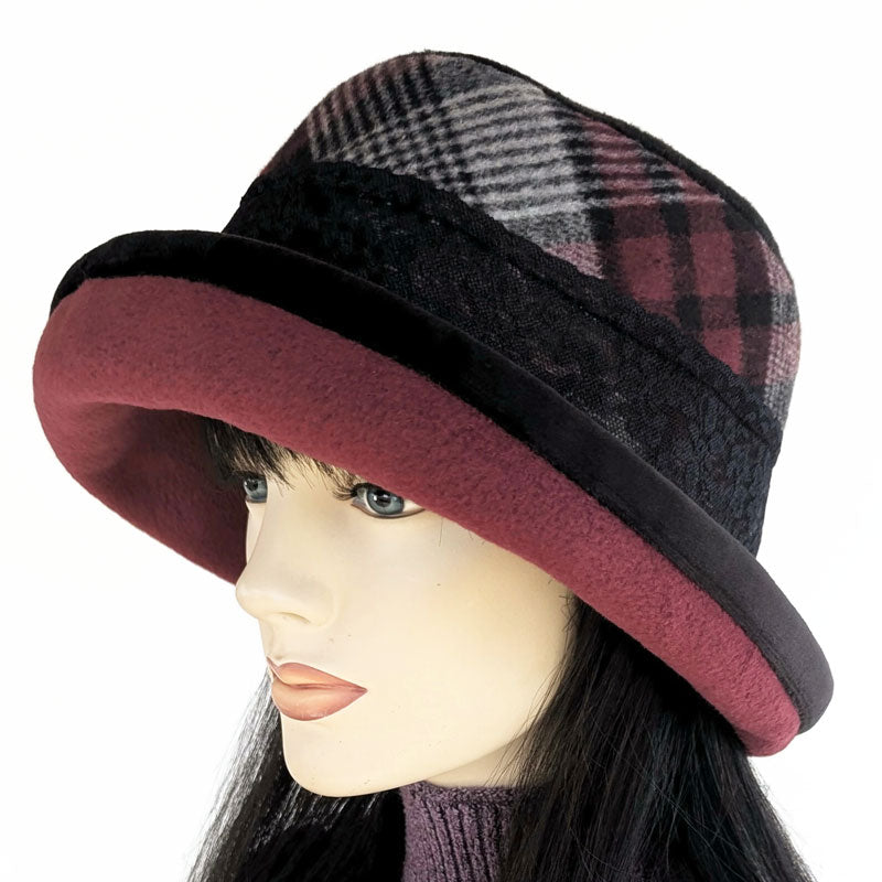 Premium Winter Fashion Hat with velvet trim, burgundy with black plaid band trim