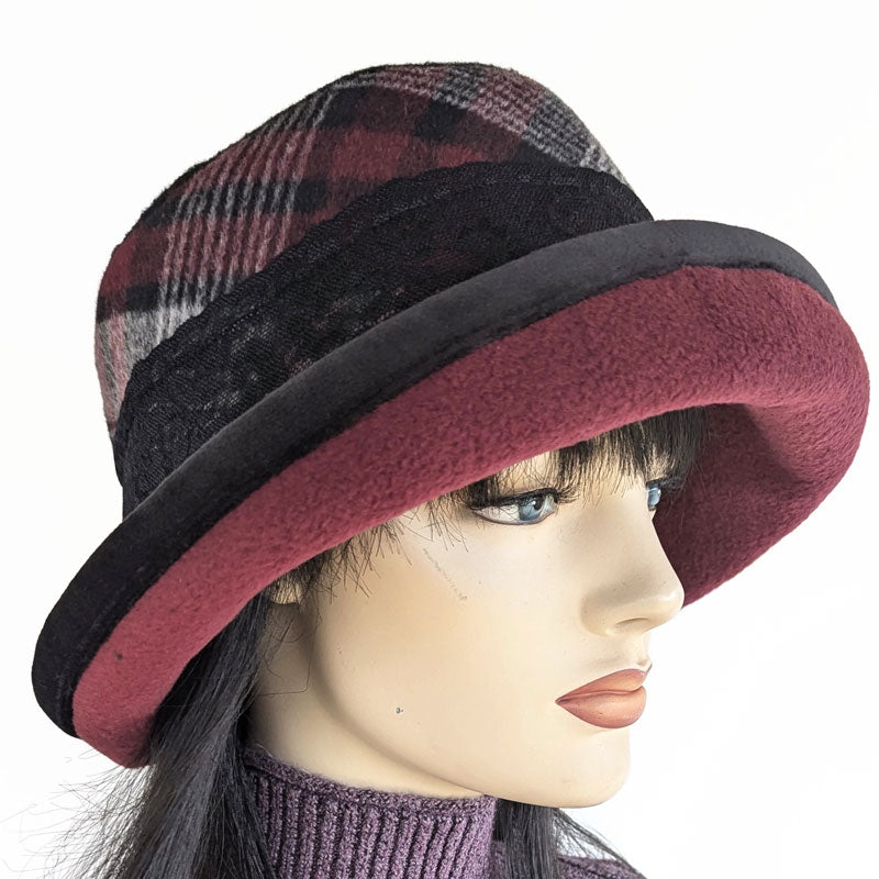 Premium Winter Fashion Hat with velvet trim, burgundy with black plaid band trim