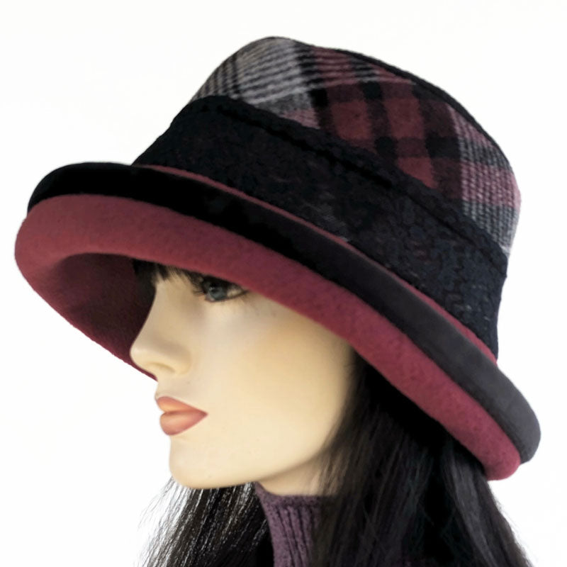 Premium Winter Fashion Hat with velvet trim, burgundy with black plaid band trim