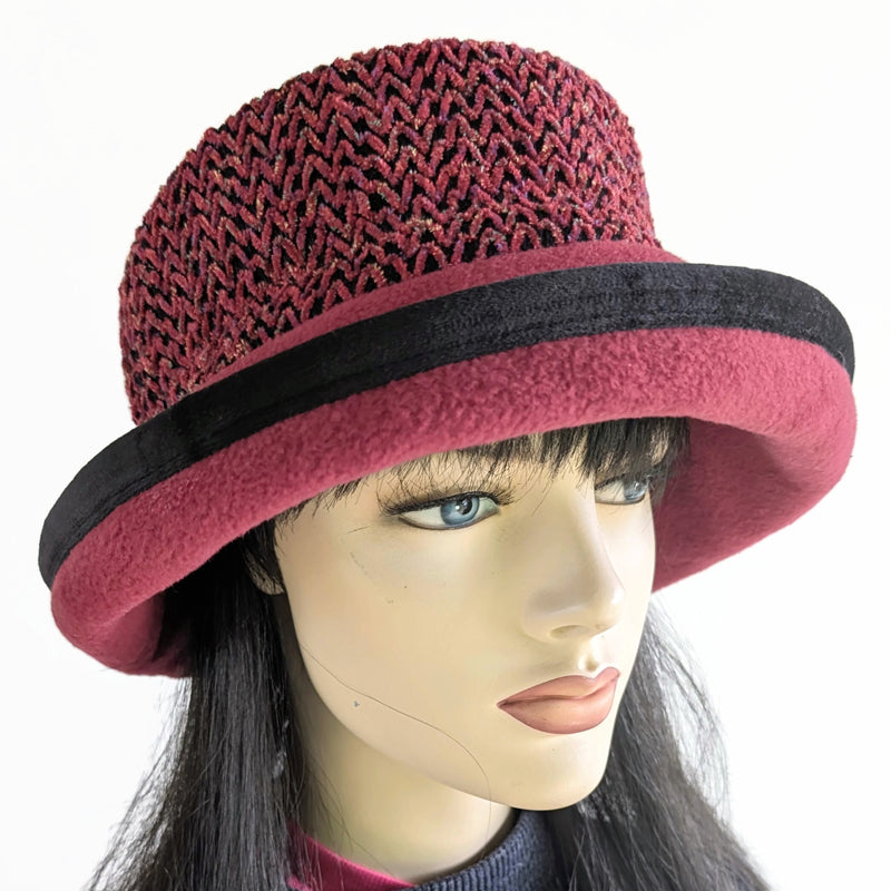 Premium Winter Fashion Hat with velvet trim, burgundy chenille with black trim