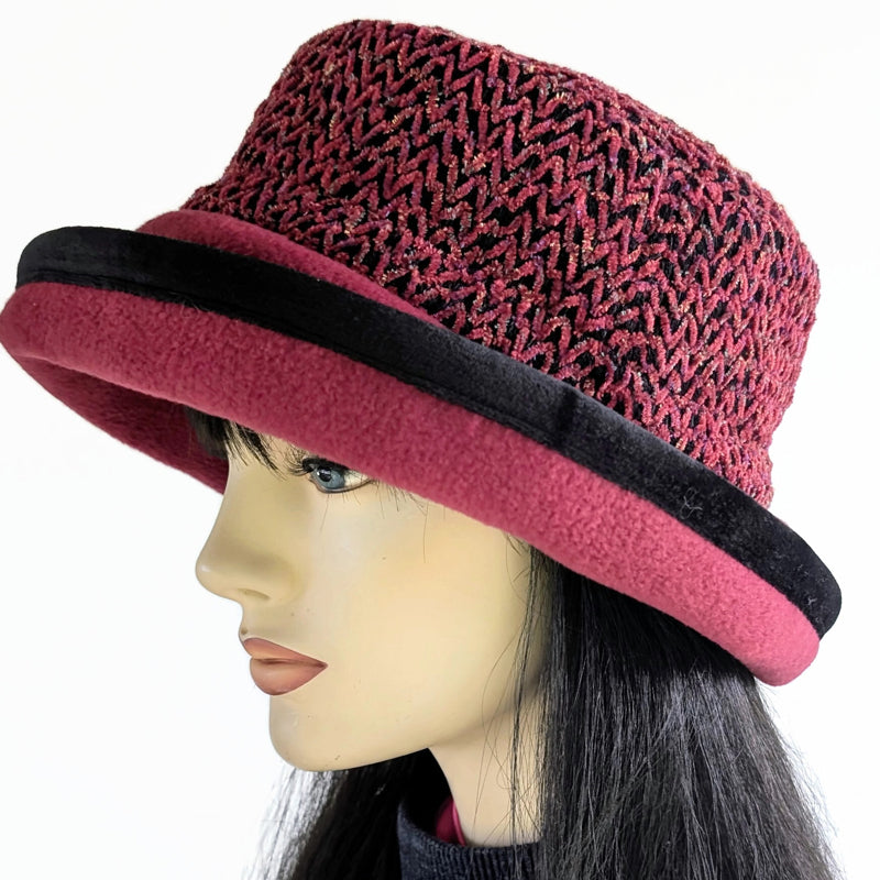 Premium Winter Fashion Hat with velvet trim, burgundy chenille with black trim