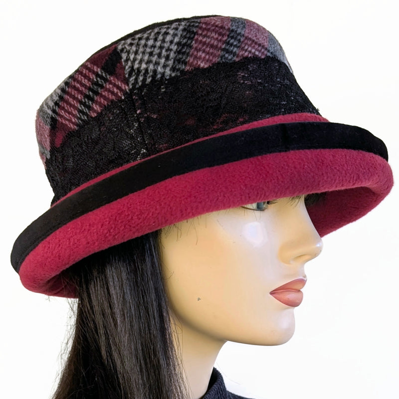 Premium Winter Fashion Hat with velvet trim, burgundy plaid with black trim