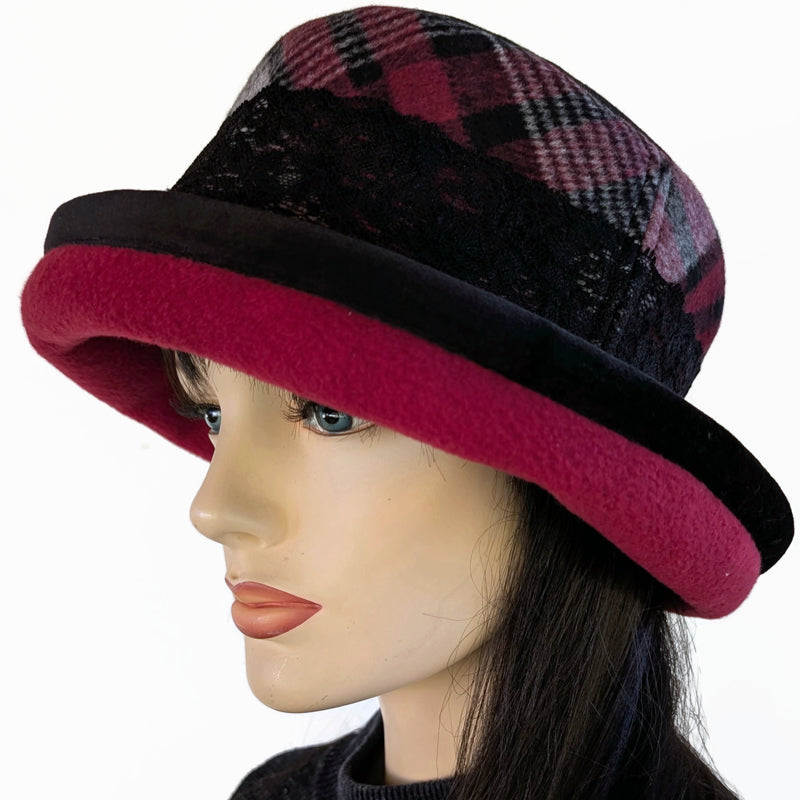 Premium Winter Fashion Hat with velvet trim, burgundy plaid with black trim