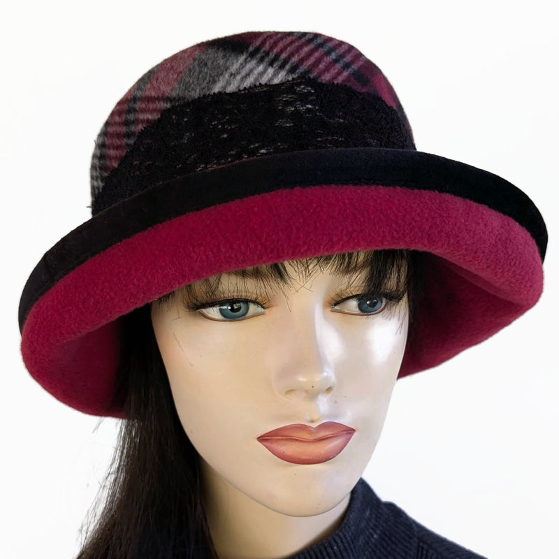Premium Winter Fashion Hat with velvet trim, burgundy plaid with black trim