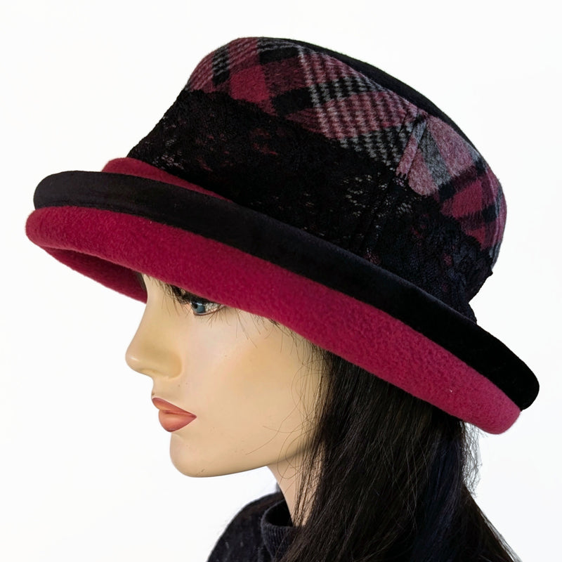 Premium Winter Fashion Hat with velvet trim, burgundy plaid with black trim