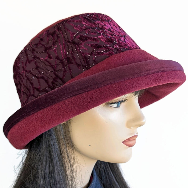 Premium Winter Fashion Hat in burgundy with burgundy sparkly band and burgundy velvet edge and wide brim