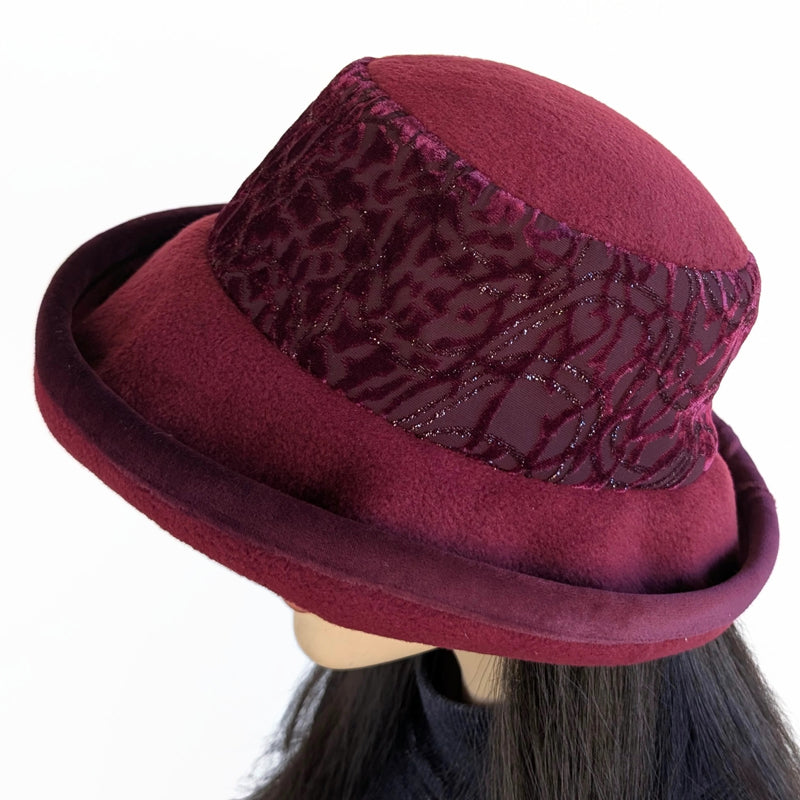 Premium Winter Fashion Hat in burgundy with burgundy sparkly band and burgundy velvet edge and wide brim