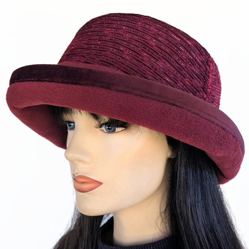 Premium Winter Fashion Hat in burgundy with burgundy sparkly plush band, velvet edge and wide brim