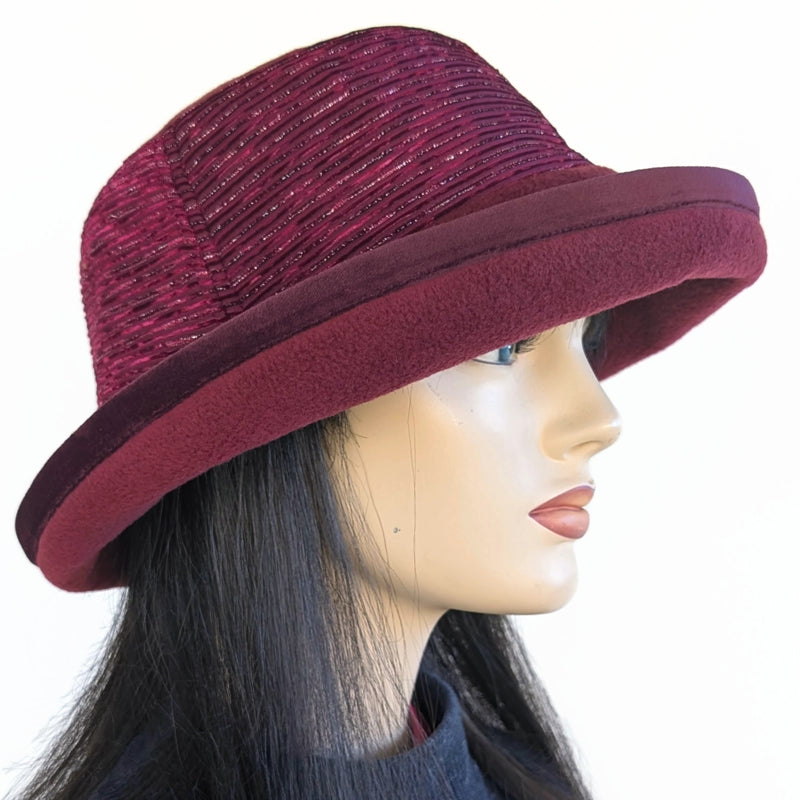 Premium Winter Fashion Hat in burgundy with burgundy sparkly plush band, velvet edge and wide brim
