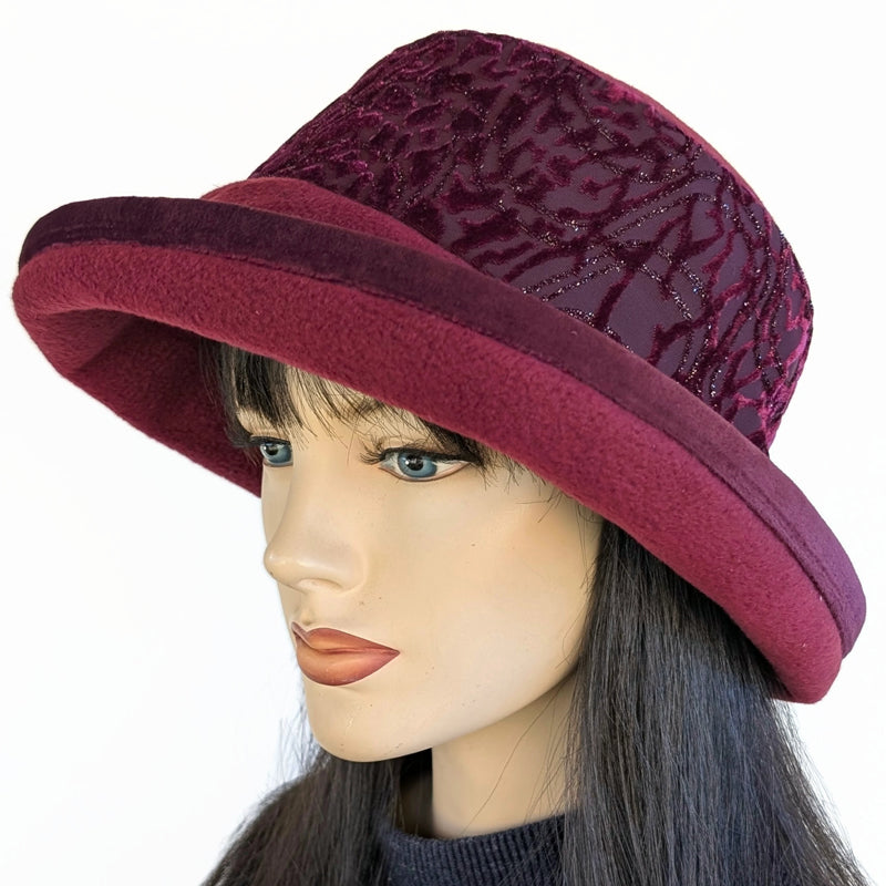 Premium Winter Fashion Hat in burgundy with burgundy sparkly band and burgundy velvet edge and wide brim