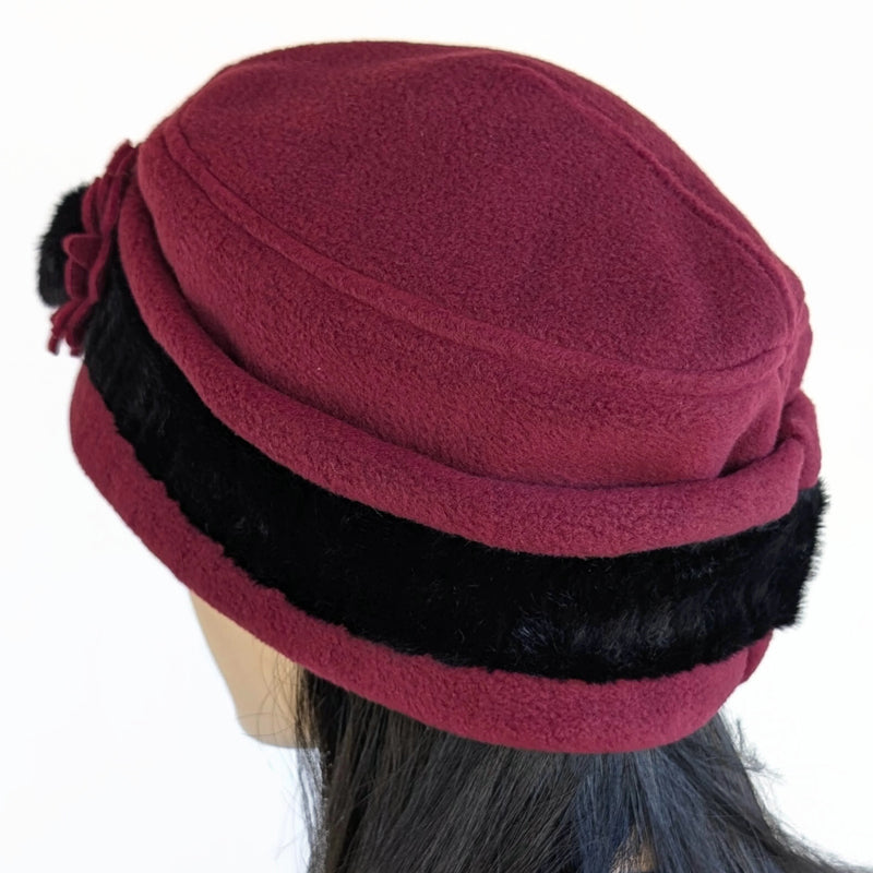 Fleece Fashion Toque with adjustable cuff and faux fur trim, with floral pin trim, asst'd colors