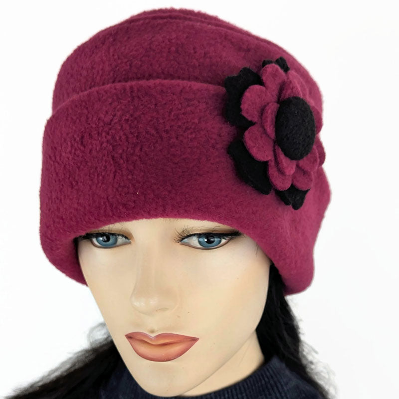 Fleece Fashion Toque with adjustable cuff, with floral pin trim, asst&#39;d colors