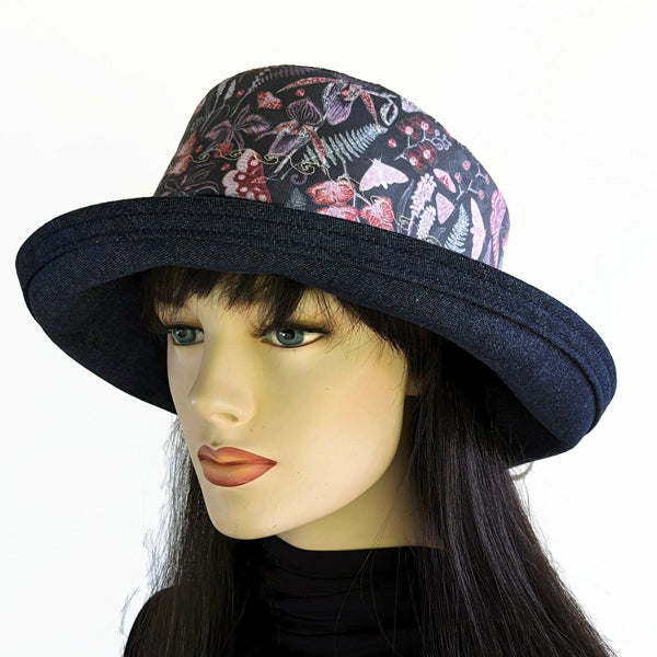 107-cc Sunblocker UV summer sun hat featuring denim brim, navy garden floral and butterflies