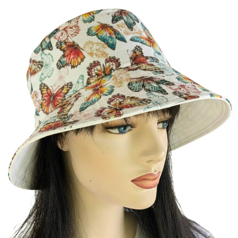 Sun Hat Perfect Bucket Hat, orange based butterfly print, deep bucket brim