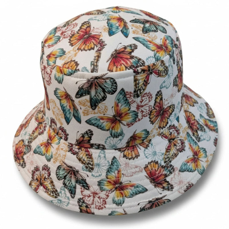 Sun Hat Perfect Bucket Hat, orange based butterfly print, deep bucket brim