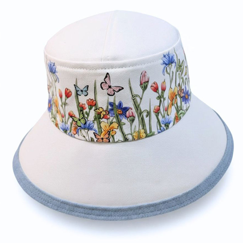The Perfect Sun Hat Fun Hat, white with wildflowers and butterflies, with flattering brim mid size brim
