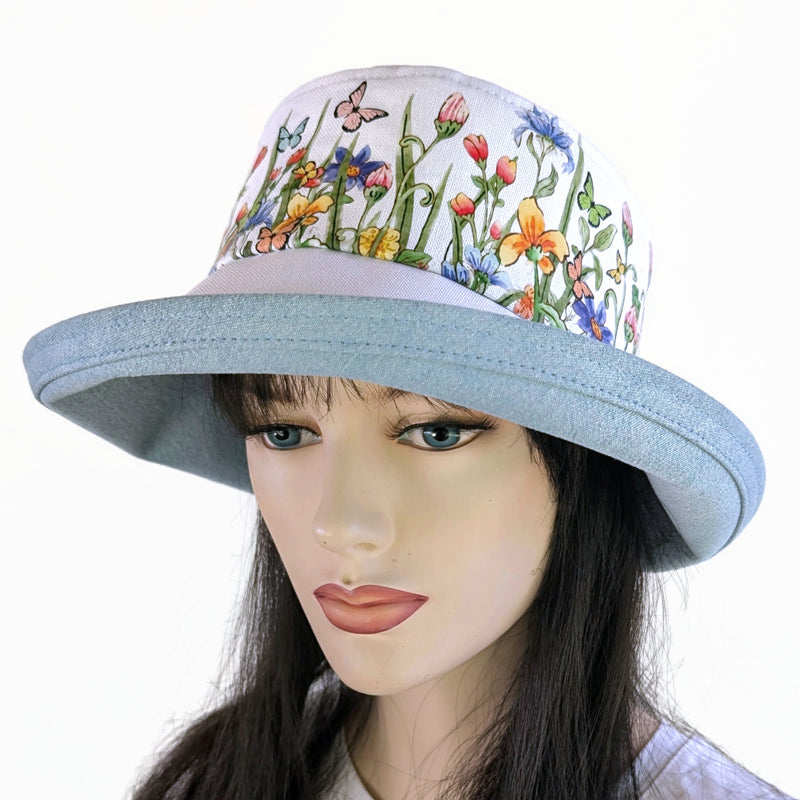 The Perfect Sun Hat Fun Hat, white with wildflowers and butterflies, with flattering brim mid size brim