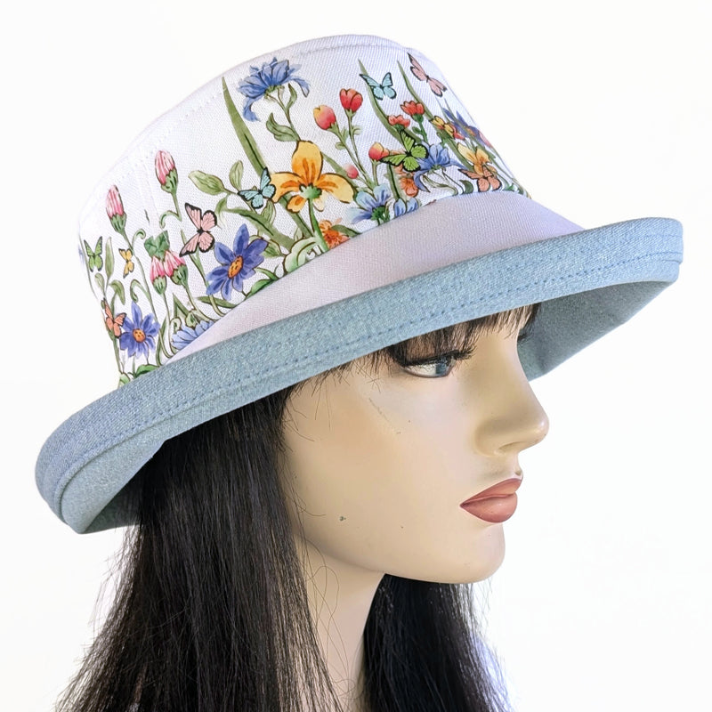 The Perfect Sun Hat Fun Hat, white with wildflowers and butterflies, with flattering brim mid size brim