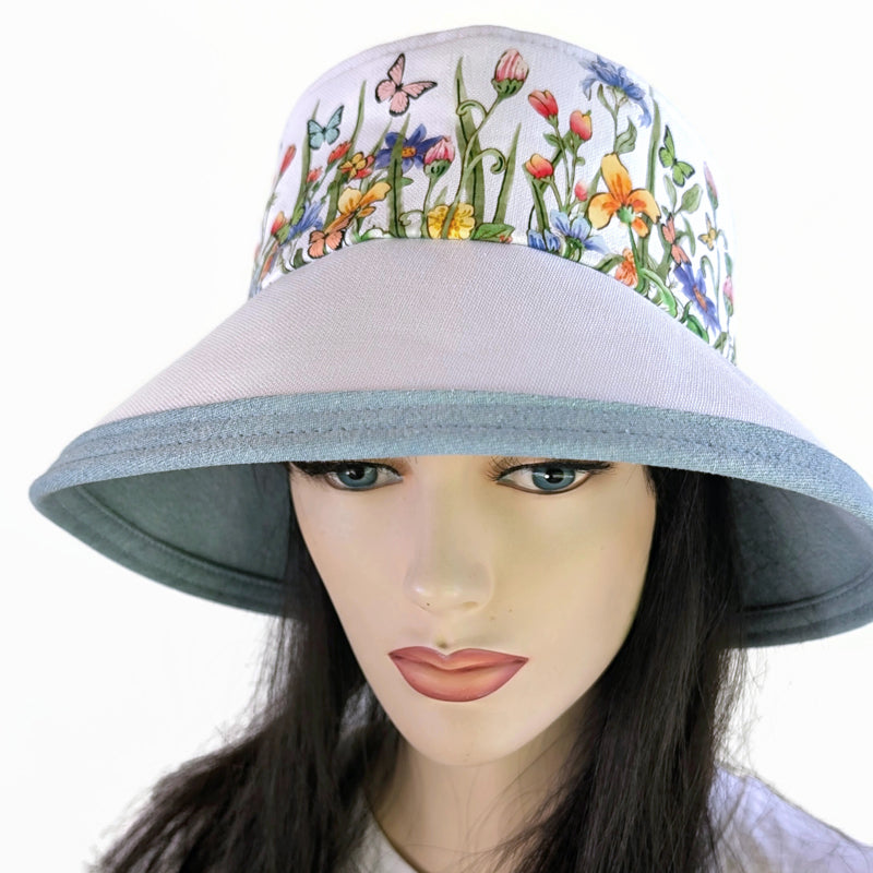 The Perfect Sun Hat Fun Hat, white with wildflowers and butterflies, with flattering brim mid size brim