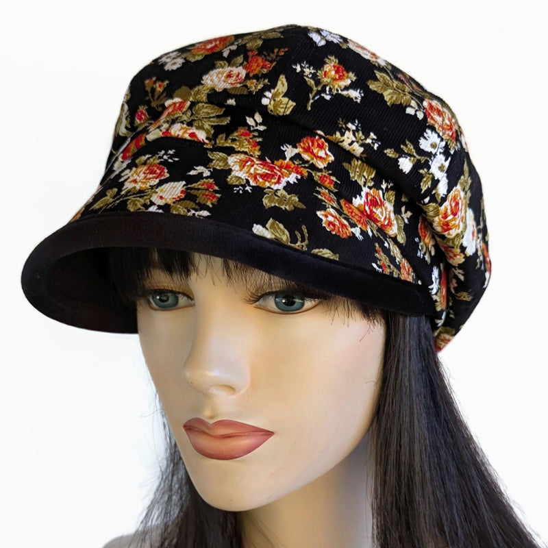 Baggy Poorboy Newsboy Fashion Cap in cord, black based rose floral, with wide flattering visor, one size fit
