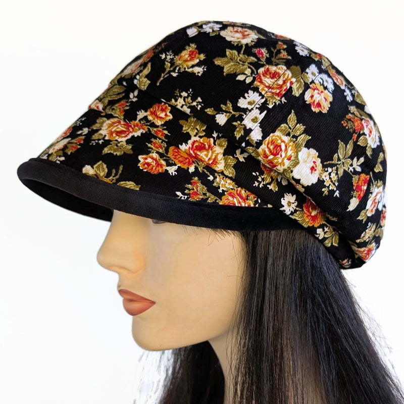 Baggy Poorboy Newsboy Fashion Cap in cord, black based rose floral, with wide flattering visor, one size fit