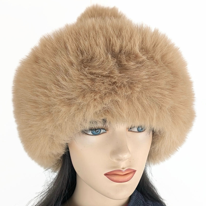 Faux Fur Fashion pom pom Cupcake Beanie Toque Hat, camel with plaid fleece, very plush