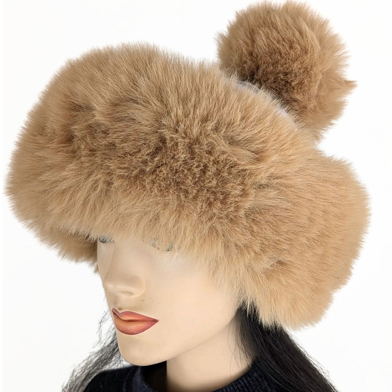 Faux Fur Fashion pom pom Cupcake Beanie Toque Hat, camel with plaid fleece, very plush