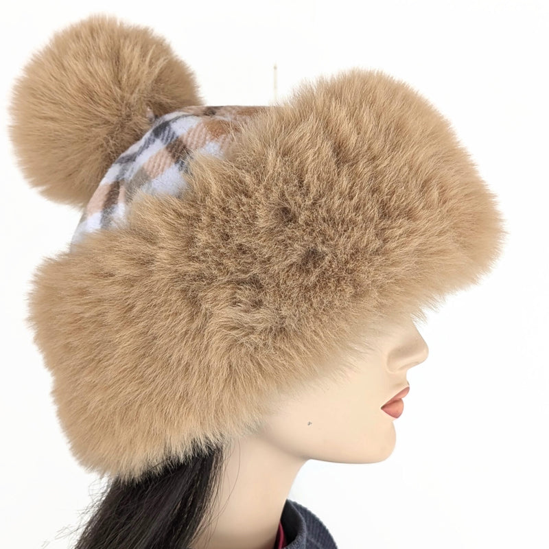 Faux Fur Fashion pom pom Cupcake Beanie Toque Hat, camel with plaid fleece, very plush