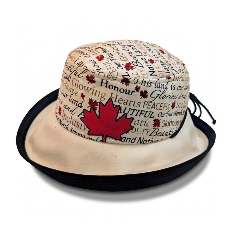 Sunblocker UV Summer Sun Hat, patriotic Canada print with maple leaf embellishment, adjustable fit
