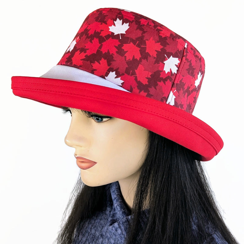 The Perfect Sun Hat Fun Hat, Canada red based maple leaf print, with flattering brim mid size brim