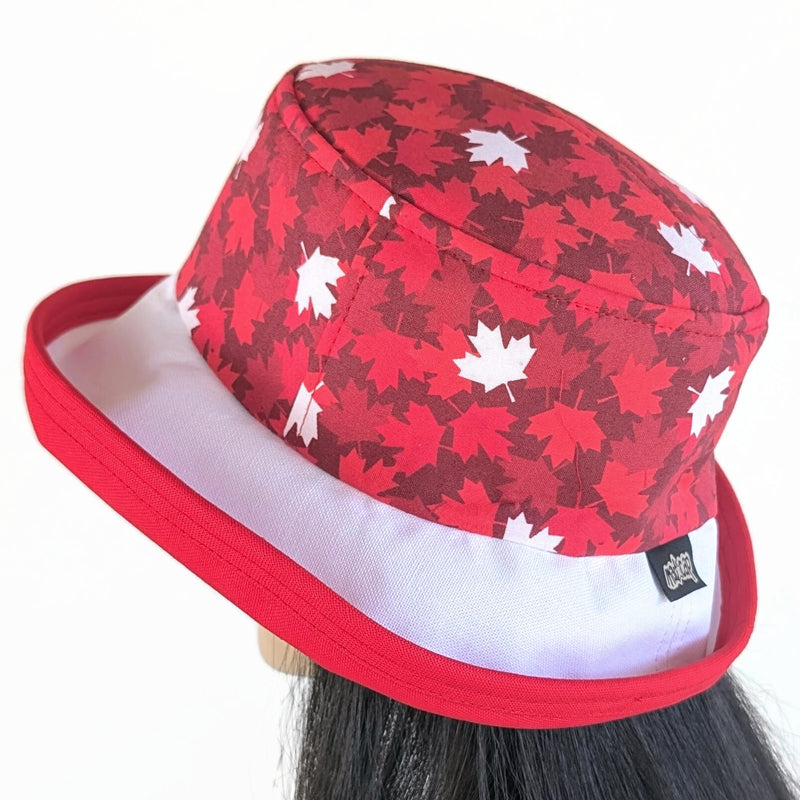 The Perfect Sun Hat Fun Hat, Canada red based maple leaf print, with flattering brim mid size brim