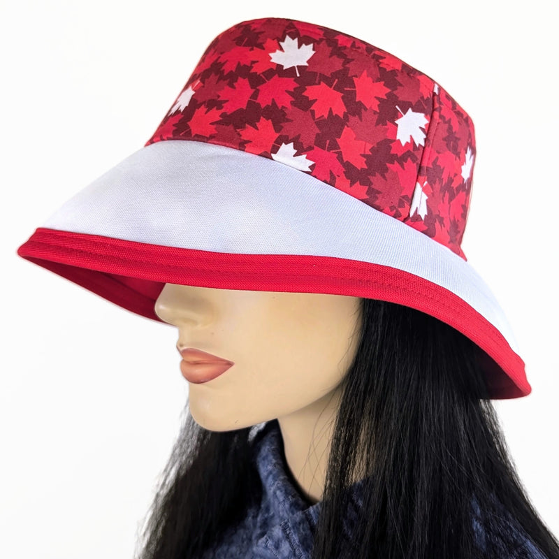The Perfect Sun Hat Fun Hat, Canada red based maple leaf print, with flattering brim mid size brim