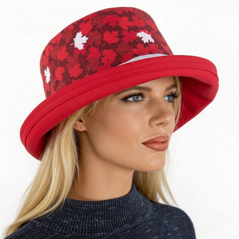 The Perfect Sun Hat Fun Hat, Canada red based maple leaf print, with flattering brim mid size brim