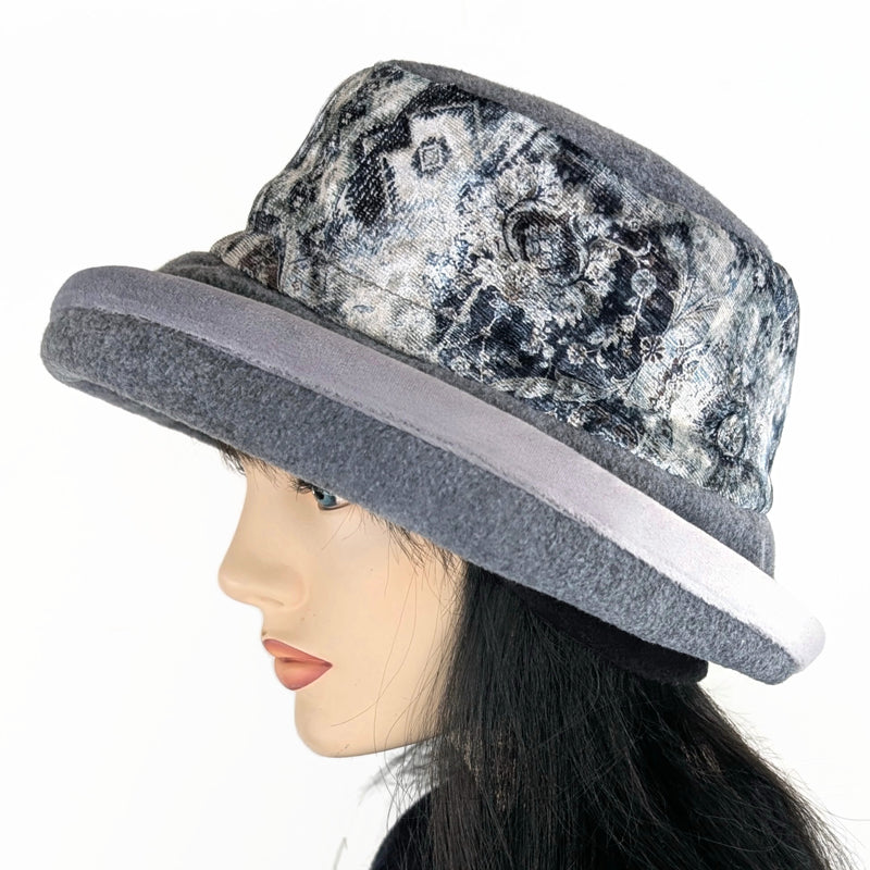Premium Winter Fashion Hat with earflaps, in charcoal with gorgeous grey themed abstract band, wide brim and tuck up earflaps