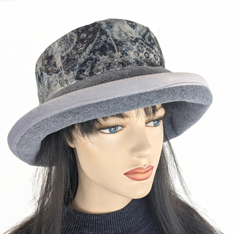 Premium Winter Fashion Hat with earflaps, in charcoal with gorgeous grey themed abstract band, wide brim and tuck up earflaps