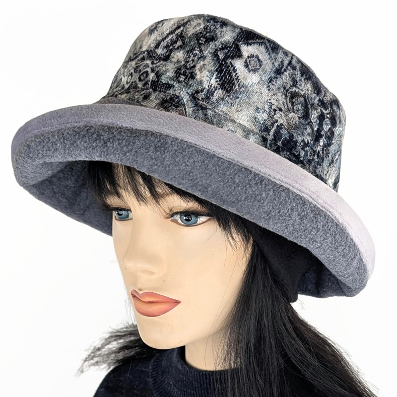 Premium Winter Fashion Hat with earflaps, in charcoal with gorgeous grey themed abstract band, wide brim and tuck up earflaps