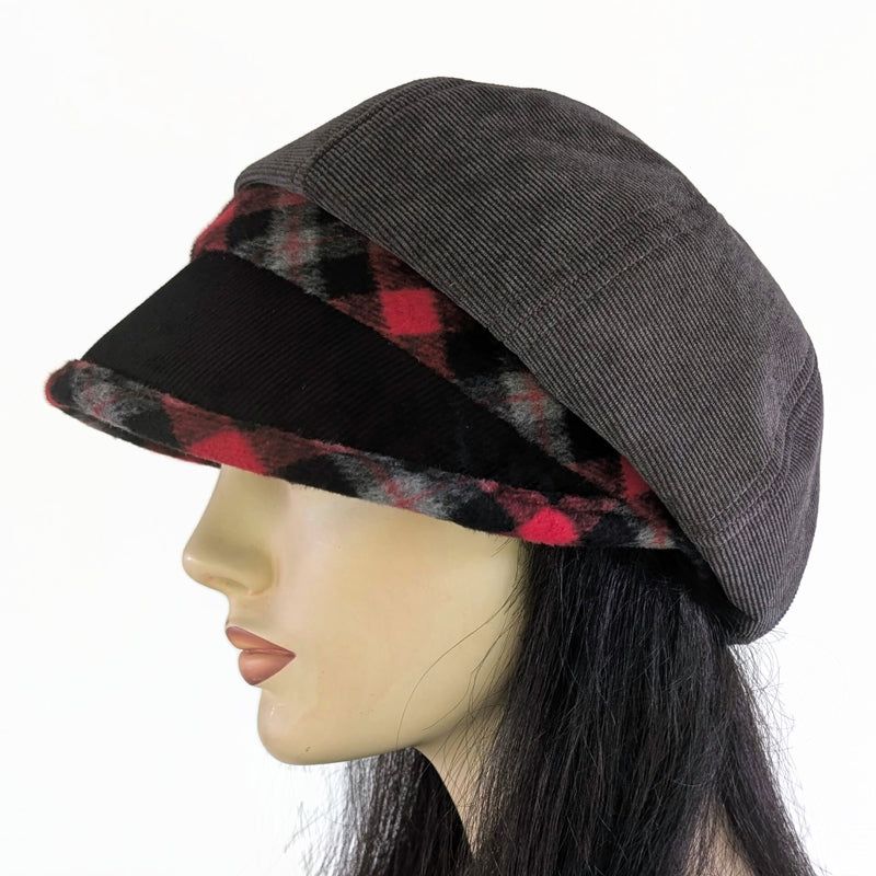 Baggy Poorboy Fashion Cap in  cord, with charcoal and red plaid, with wide flattering visor, one size fit
