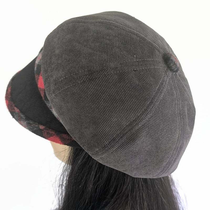 Baggy Poorboy Fashion Cap in  cord, with charcoal and red plaid, with wide flattering visor, one size fit