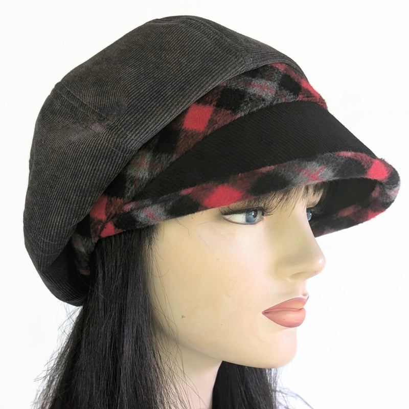 Baggy Poorboy Fashion Cap in  cord, with charcoal and red plaid, with wide flattering visor, one size fit
