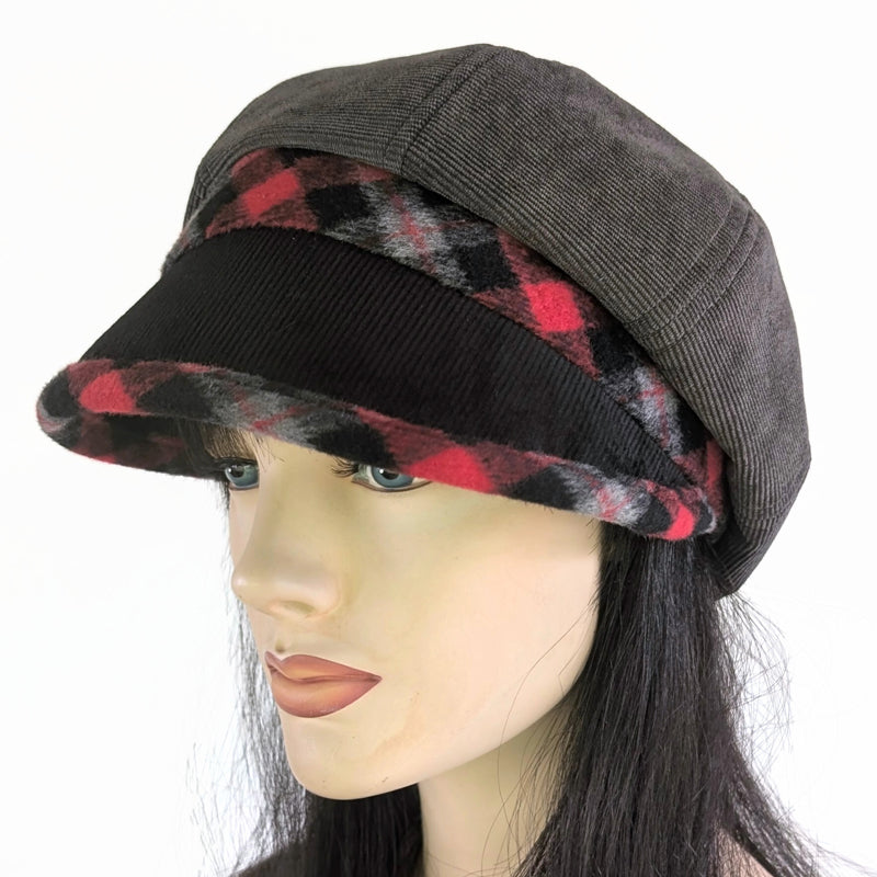 Baggy Poorboy Fashion Cap in  cord, with charcoal and red plaid, with wide flattering visor, one size fit