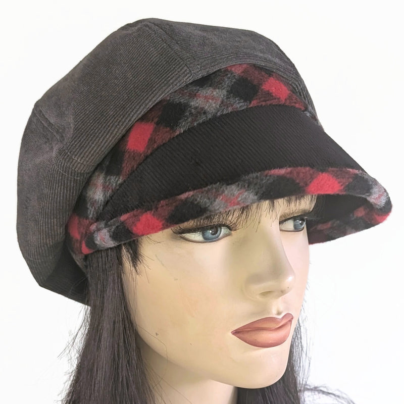 Baggy Poorboy Fashion Cap in  cord, with charcoal and red plaid, with wide flattering visor, one size fit